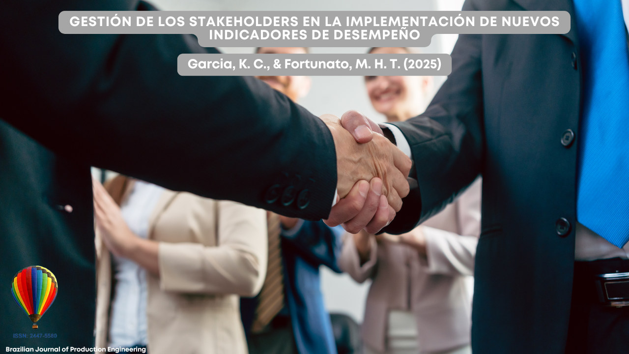 "Imagen de portada del artículo de la Brazilian Journal of Production Engineering, mostrando un primer plano de dos personas con trajes de negocios estrechando las manos, con colegas aplaudiendo en el fondo. El título resalta la gestión de los stakeholders en la implementación de nuevos indicadores de desempeño."