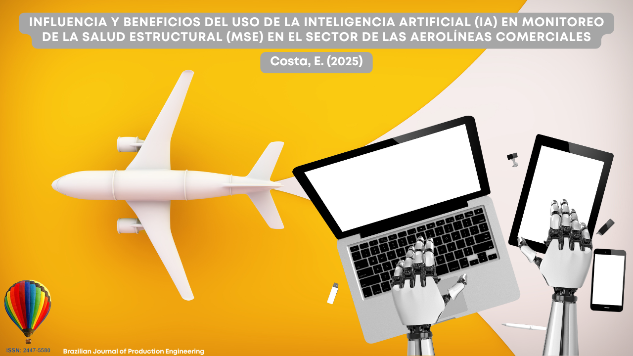 Imagen de portada del artículo “Influencia y beneficios del uso de la inteligencia artificial (IA) en monitoreo de la salud estructural (MSE) en el sector de las aerolíneas comerciales”. La imagen muestra un avión blanco visto desde arriba, sobre un fondo amarillo brillante. A su lado, se observan una computadora portátil, una tableta y un teléfono inteligente manipulados por manos robóticas metálicas, simbolizando la aplicación de inteligencia artificial. El título del artículo y la autoría (Costa, E., 2025) aparecen en texto blanco sobre bandas gris claro en la parte superior. En la esquina inferior izquierda está el logotipo de la BJPE en forma de globo aerostático con el ISSN, y en la esquina inferior derecha aparece el texto “Brazilian Journal of Production Engineering”.