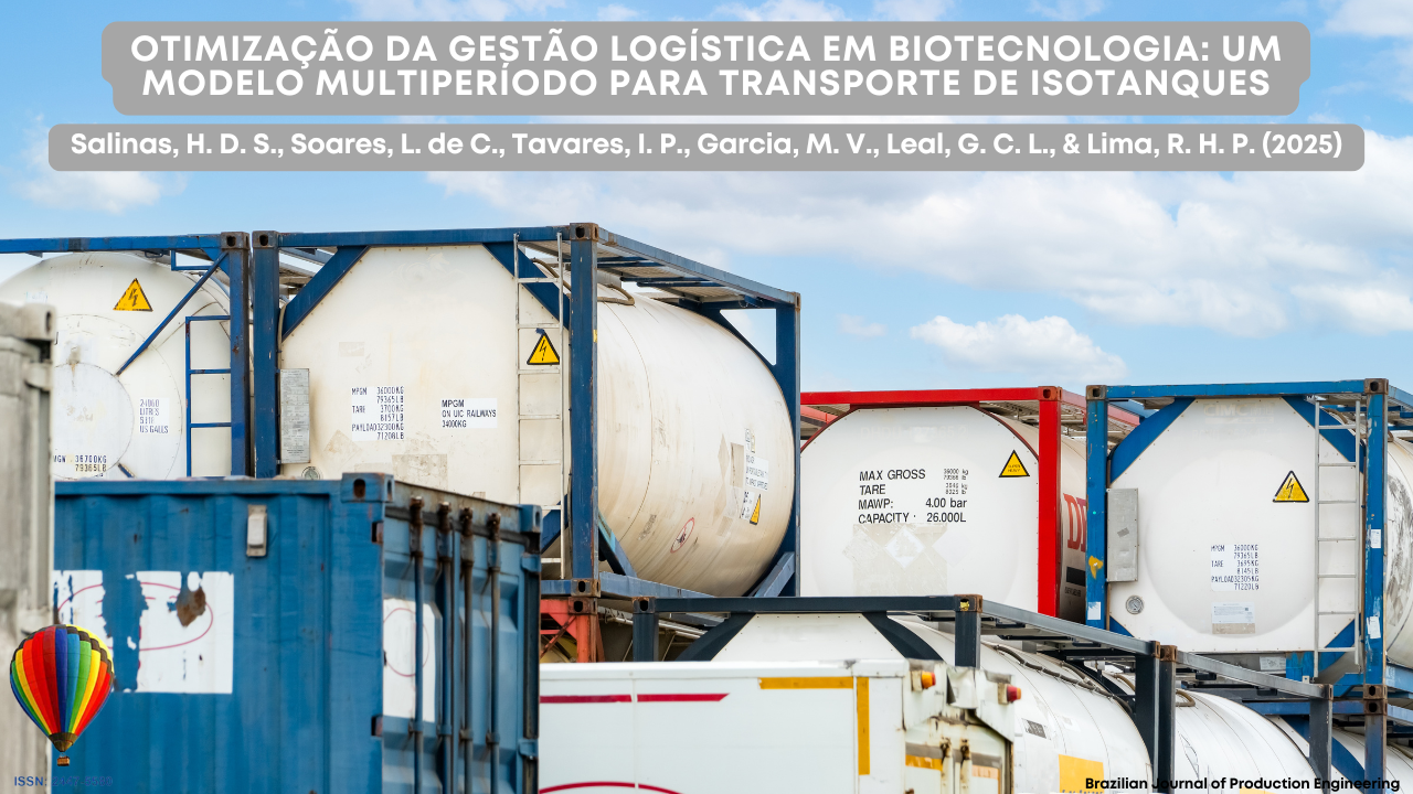 "Imagem de capa do artigo publicado na Brazilian Journal of Production Engineering, mostrando isotanques empilhados utilizados no transporte de produtos biotecnológicos, enquadrados por estruturas metálicas sob um céu azul."