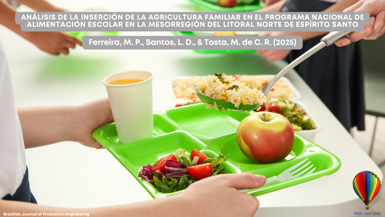 "Imagen de portada del artículo de la Brazilian Journal of Production Engineering, mostrando a un estudiante con una bandeja verde que contiene arroz, ensalada, una manzana y jugo, mientras recibe comida en una cafetería escolar. El título destaca la inserción de la agricultura familiar en el Programa Nacional de Alimentación Escolar en Espírito Santo."