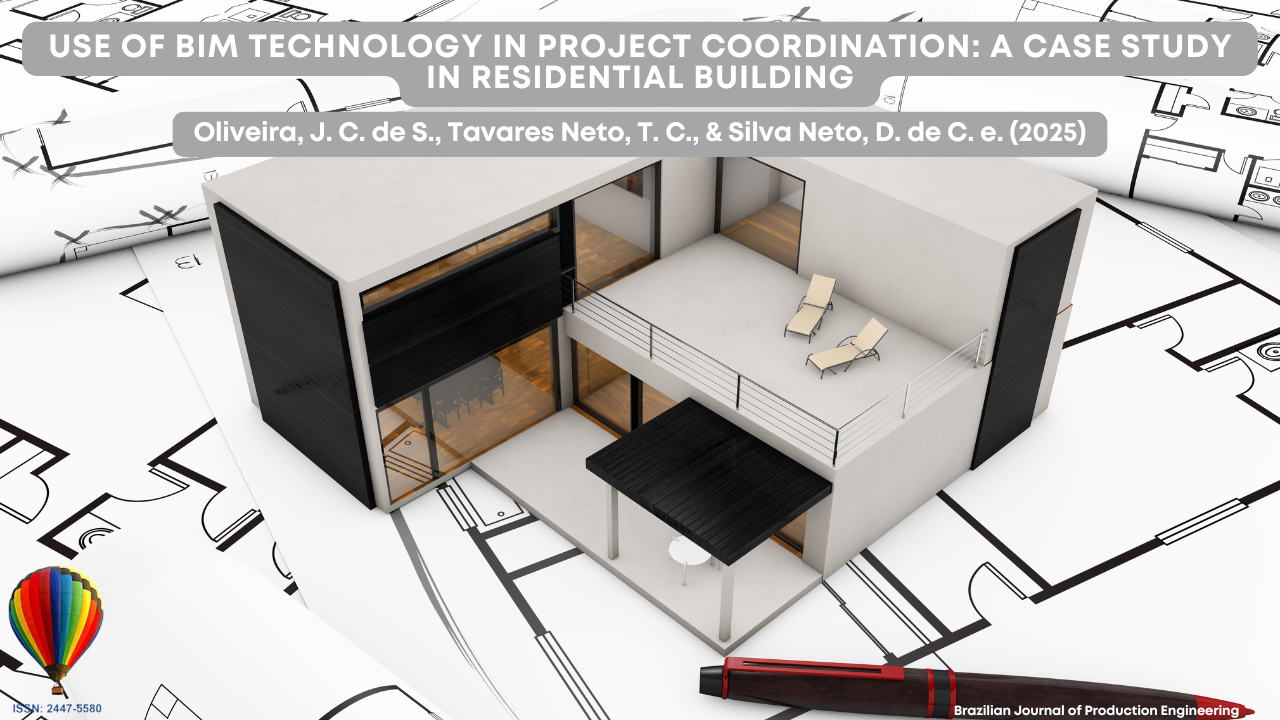 "Cover image of a scientific article showing a digital 3D model of a modern house placed over printed architectural blueprints. The article title appears at the top: 'Use of BIM technology in project coordination: a case study in residential building.' At the bottom, the authors' names and the journal identification Brazilian Journal of Production Engineering are displayed."