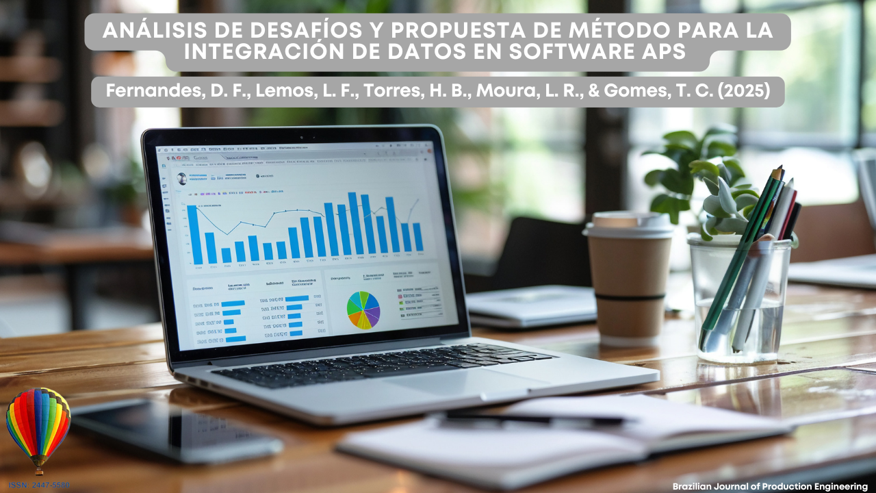 "Imagen de portada del artículo publicado en la Brazilian Journal of Production Engineering, mostrando una computadora portátil sobre un escritorio de madera con gráficos y diagramas en la pantalla, junto a un vaso de café, una planta y útiles de oficina."