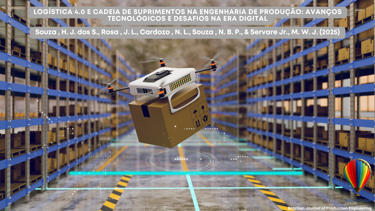 Capa da edição da Brazilian Journal of Production Engineering de 2025. A imagem mostra um drone transportando uma caixa em um armazém automatizado, com prateleiras altas cheias de pacotes. O ambiente está repleto de elementos gráficos digitais, sugerindo um sistema logístico inteligente. O título do artigo em destaque aparece no topo da imagem, escrito em três idiomas: português, inglês e espanhol. No canto inferior direito, há o logotipo de um balão colorido com o ISSN da revista.