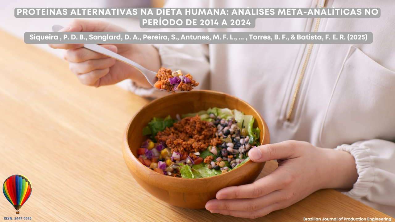 “Uma pessoa segurando um bowl de madeira cheio de uma salada colorida com vegetais, grãos e proteína vegetal, enquanto leva uma colherada do alimento. No topo da imagem estão o título e os autores de um estudo meta-analítico sobre proteínas alternativas.”