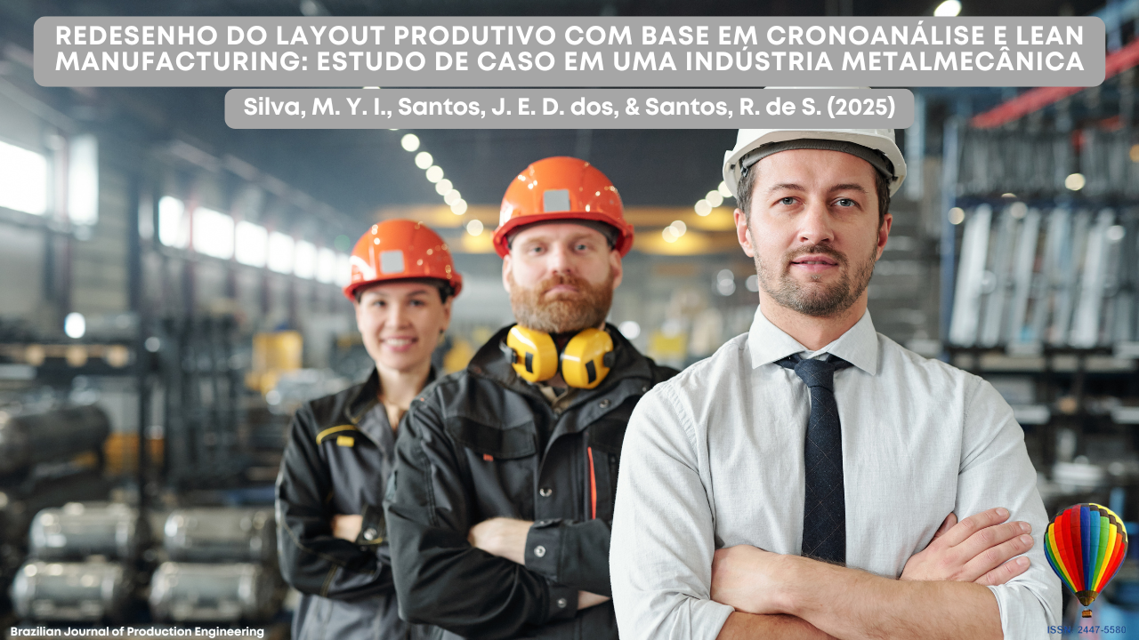 "Três engenheiros usando capacetes de proteção e equipamentos de segurança posam com confiança dentro de uma indústria metalmecânica. A capa destaca o artigo Redesenho do Layout Produtivo com Base em Cronoanálise e Lean Manufacturing: Estudo de Caso em uma Indústria Metalmecânica, publicado na Brazilian Journal of Production Engineering."