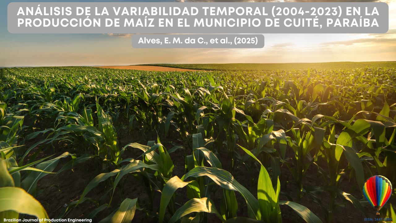 "Un campo de maíz al atardecer ilustra el artículo Análisis de la Variabilidad Temporal (2004-2023) en la Producción de Maíz en el Municipio de Cuité, Paraíba, publicado en la Brazilian Journal of Production Engineering."
