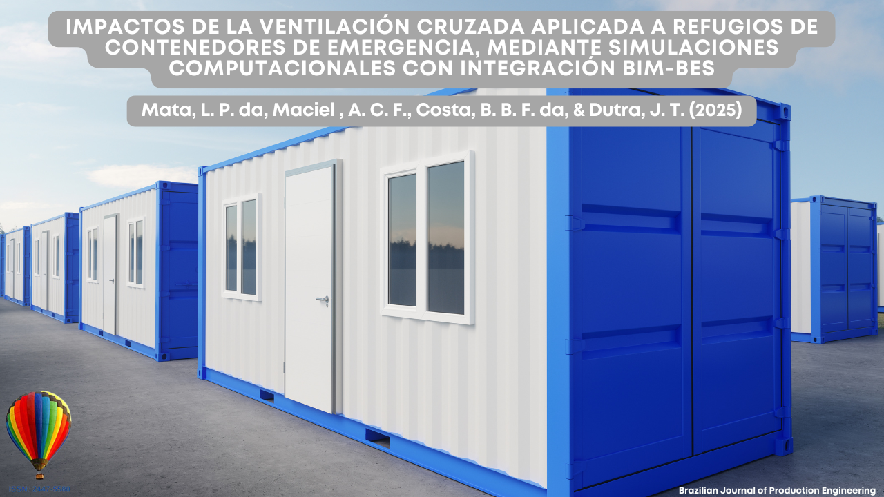 "Imagen de portada del artículo publicado en la Brazilian Journal of Production Engineering, que muestra varios módulos contenedores blancos y azules alineados como refugios de emergencia. El título destaca el estudio sobre la ventilación cruzada aplicada a refugios en contenedores mediante simulaciones computacionales con integración BIM-BES."