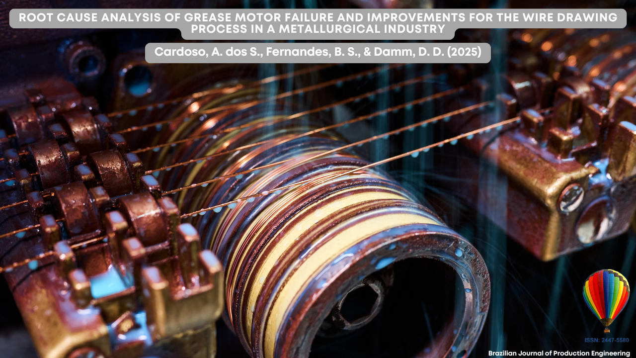 "Graphical abstract of the article titled Root Cause Analysis of Grease Motor Failure and Improvements for the Wire Drawing Process in a Metallurgical Industry. The image shows a close-up of an industrial wire drawing machine in operation, with multiple copper-colored gears and pulleys guiding thin metal wires. The machinery appears lubricated and functioning. In the lower right corner, the logo of the Brazilian Journal of Production Engineering is displayed, showing a colorful hot air balloon and the ISSN 2447-5580."