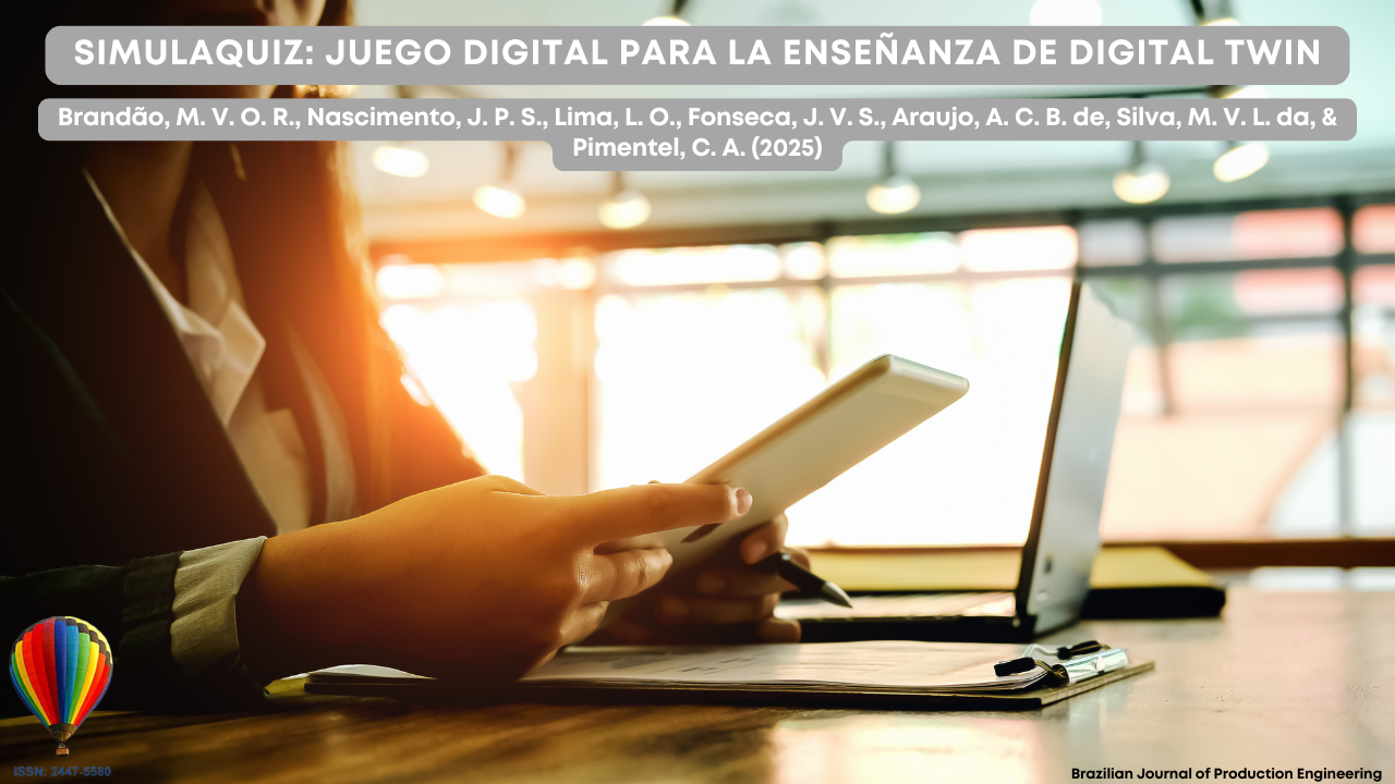 "Imagen de portada de investigación que muestra a una persona usando una tableta en un entorno de estudio o trabajo, representando el artículo SimulaQuiz: Juego Digital para la Enseñanza de Digital Twin publicado en la Brazilian Journal of Production Engineering."
