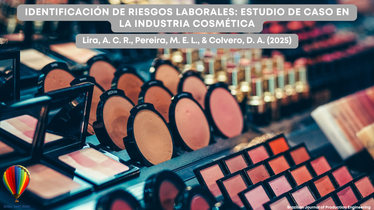 Imagen que muestra varios productos de maquillaje organizados en estantes, como polvos compactos y paletas de sombras. En la parte superior, aparece el título del artículo sobre la identificación de riesgos laborales en la industria cosmética, seguido de los nombres de los autores. En la esquina inferior izquierda, se encuentra el logotipo de BJPE con un globo aerostático de colores.