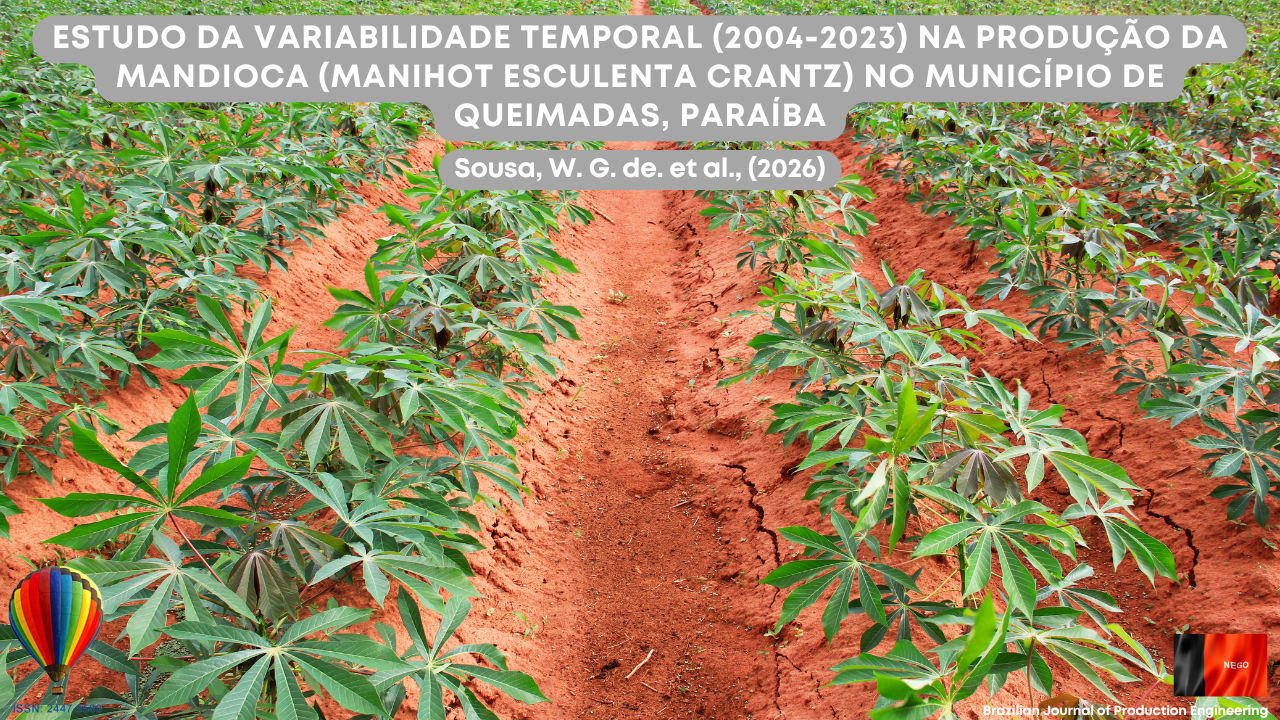 Imagem que retrata uma plantação de mandioca organizada em fileiras, evidenciando o cultivo agrícola em solo exposto de coloração avermelhada. Observa-se a presença de fissuras no solo entre as linhas de plantio, indicando possíveis variações hídricas e condições ambientais que influenciam diretamente a produtividade da cultura. As plantas apresentam desenvolvimento vegetativo típico, com folhas bem distribuídas, reforçando o contexto de produção agrícola em escala regional. A cena está alinhada ao estudo da variabilidade temporal da produção, considerando fatores climáticos, edáficos e de manejo ao longo dos anos. Na parte superior da imagem está o título do artigo “Estudo da variabilidade temporal (2004–2023) na produção da mandioca (Manihot esculenta Crantz) no município de Queimadas, Paraíba”, acompanhado dos autores Sousa, W. G. de et al. (2026). No canto inferior encontra-se a identificação da Brazilian Journal of Production Engineering e o ISSN da revista.