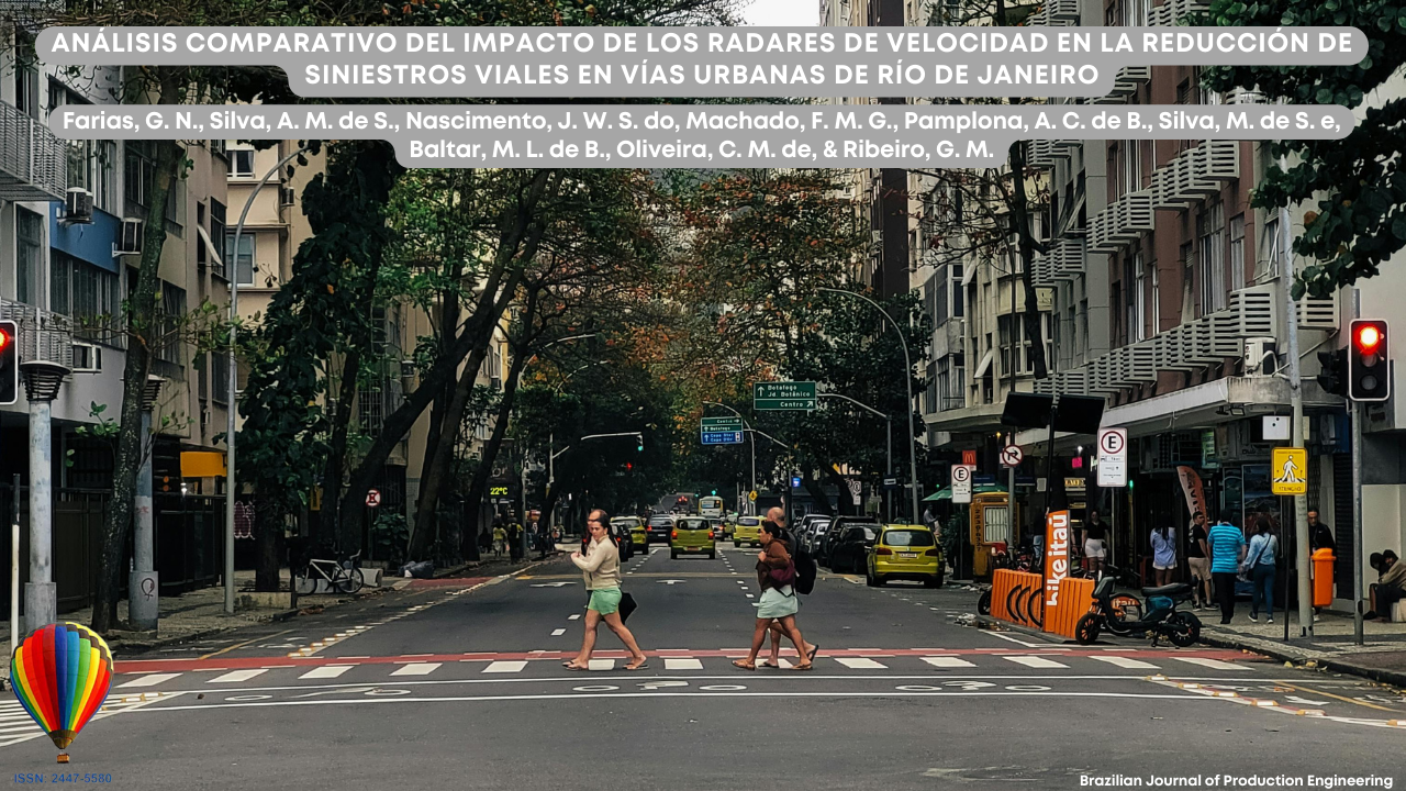 Imagen que muestra una calle urbana arbolada en Río de Janeiro, con edificios residenciales y comerciales a ambos lados. En primer plano, dos personas cruzan por el paso peatonal mientras el semáforo está en rojo para los vehículos. Al fondo, se observan automóviles, señales de tránsito y carteles direccionales. En la parte superior, aparece el título del artículo “Análisis comparativo del impacto de los radares de velocidad en la reducción de siniestros de tránsito en vías urbanas de Río de Janeiro”, junto con los nombres de los autores y la identificación de la Brazilian Journal of Production Engineering.