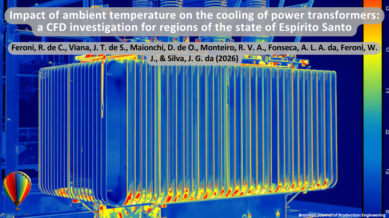 The image shows a thermal view of an industrial electrical transformer, displayed using a color scale typical of thermographic analyses and computational heat transfer simulations. Shades of blue, yellow, and red indicate different temperature levels across the equipment structure, highlighting areas of greater heating and thermal dissipation. The visual composition represents studies related to the cooling of electrical transformers and the influence of ambient temperature, using Computational Fluid Dynamics (CFD) techniques applied to regions of Espírito Santo state, Brazil. At the top, the article title “Impact of Ambient Temperature on the Cooling of Electrical Transformers: An Investigation Using CFD for Regions of Espírito Santo State” is displayed, followed by the authors Feroni, R. de C., Viana, J. T. de S., Maionchi, D. de O., Monteiro, R. V. A., Fonseca, A. L. A. da, Feroni, W. J., and Silva, J. G. da (2026). In the lower corner, the identification of the Brazilian Journal of Production Engineering and the journal’s ISSN are shown.
